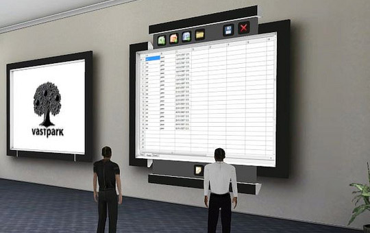 Collegues collaboratively creating an excel forumla within a virtual world